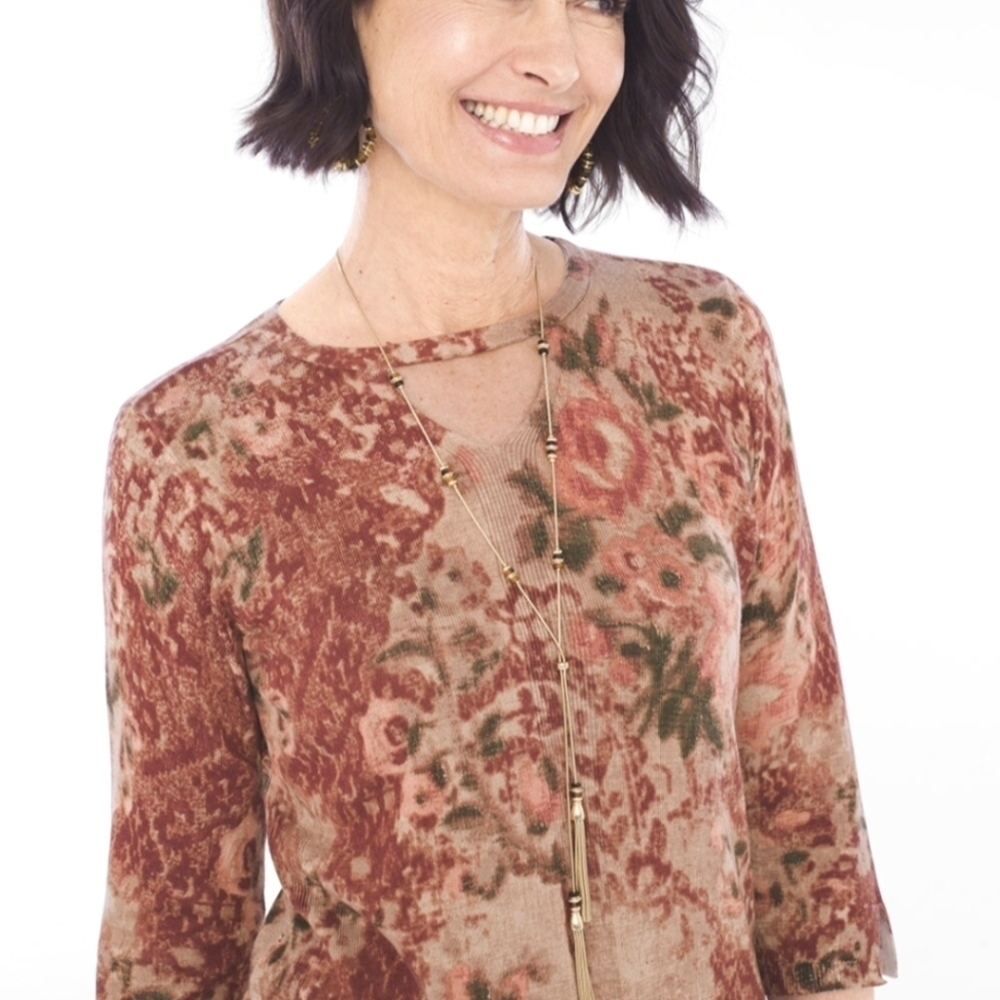 NWT Chico's Neutral Floral Knit Tunic Lightweight Sweater Keyhole 2 M 12
